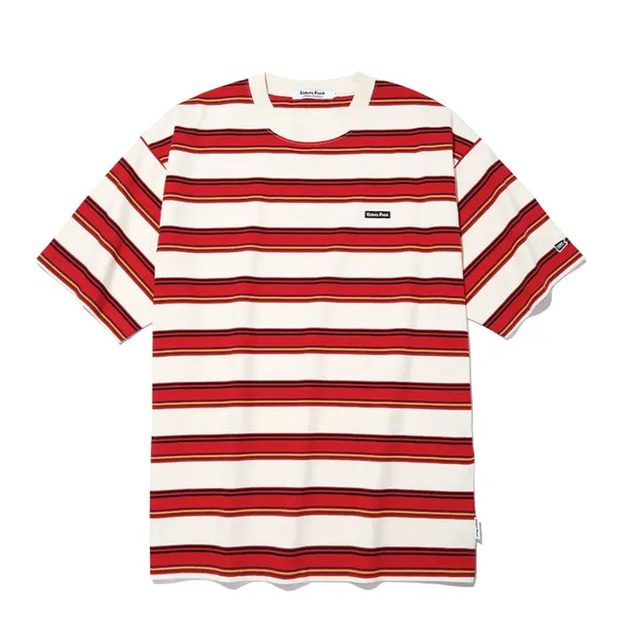 [BUNJANG] Basic Logo Multi Stripe Short Sleeve T-shirt Red / 베이직로고 멀티 스트라이프 반팔 티셔츠 레드