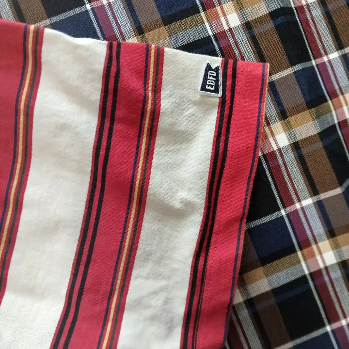 [BUNJANG] Basic Logo Multi Stripe Short Sleeve T-shirt Red / 베이직로고 멀티 스트라이프 반팔 티셔츠 레드
