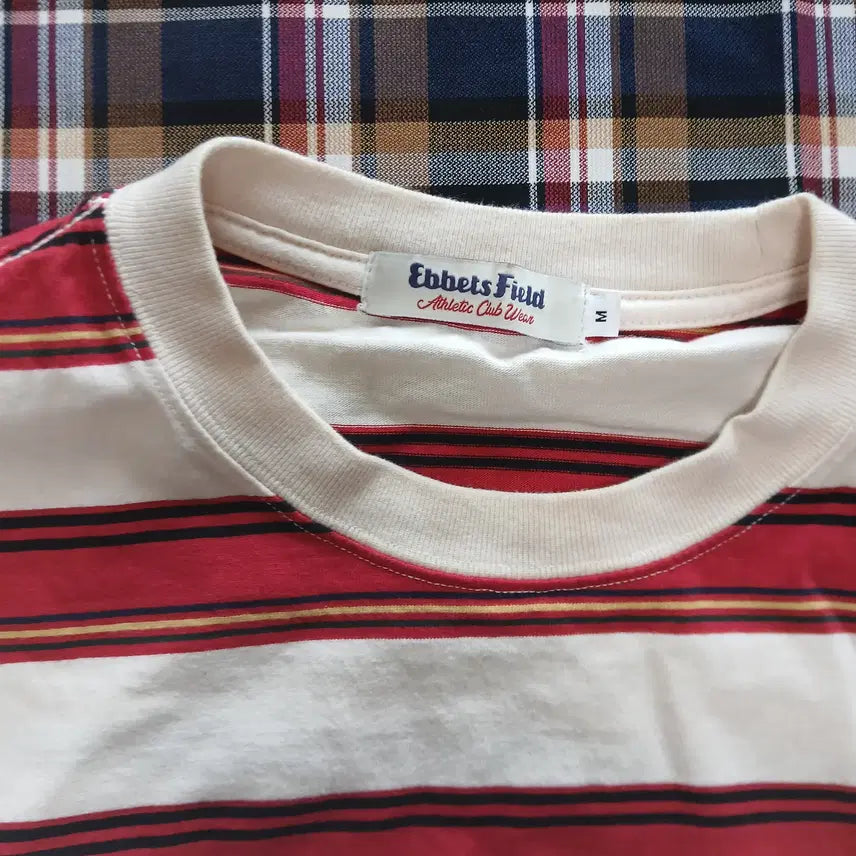 [BUNJANG] Basic Logo Multi Stripe Short Sleeve T-shirt Red / 베이직로고 멀티 스트라이프 반팔 티셔츠 레드