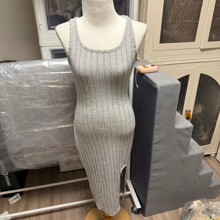 [BUNJANG] Sleeveless Long Dress Gray / 골지 슬리브리스 롱 원피스 회색