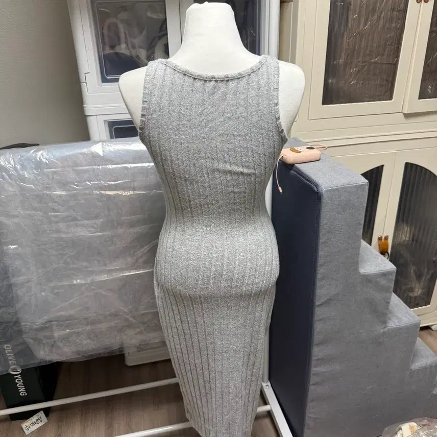 [BUNJANG] Sleeveless Long Dress Gray / 골지 슬리브리스 롱 원피스 회색