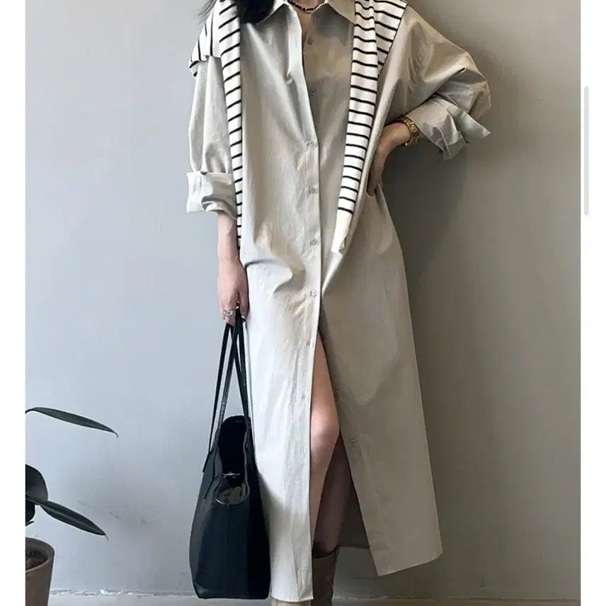[BUNJANG] Beige Long Shirt Dress / 베이지 롱셔츠 원피스