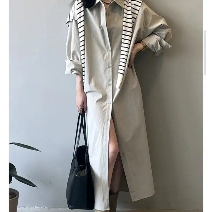 [BUNJANG] Beige Long Shirt Dress / 베이지 롱셔츠 원피스
