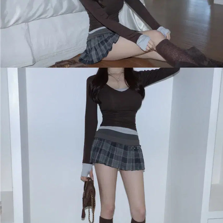 [BUNJANG] Jeanne Hot Chocolate Check Layered Pleated Mini Skirt / 잔느 핫초코 체크 레이어드 플리츠 미니 스커트