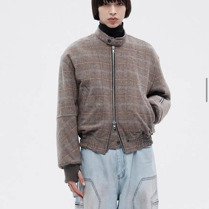 [BUNJANG] Allenne Biker Wool Check Blouson Jacket / 알렌느 바이커 울 체크 블루종 그레이 베이지 자켓