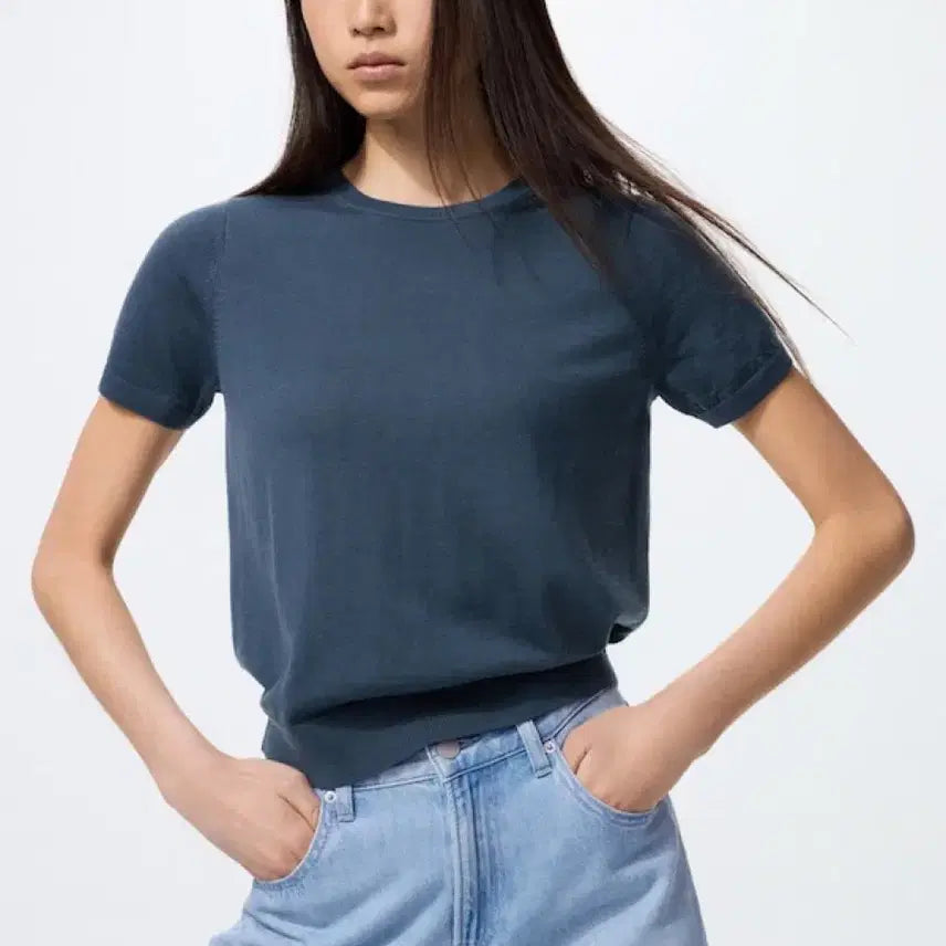 [SOLD OUT] 유니클로 메리노 크루넥 스웨터 반팔 블루 S