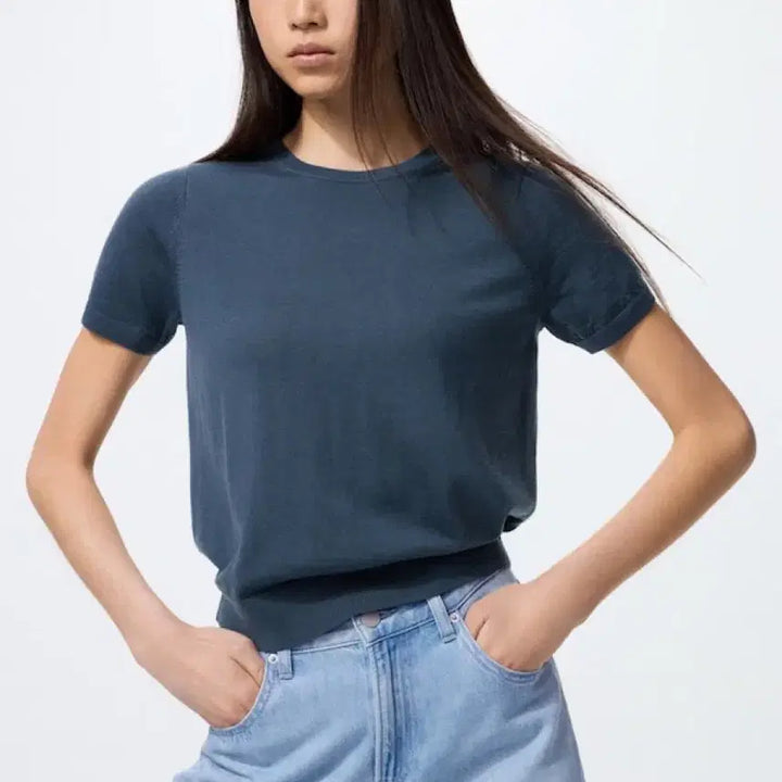 [SOLD OUT] 유니클로 메리노 크루넥 스웨터 반팔 블루 S