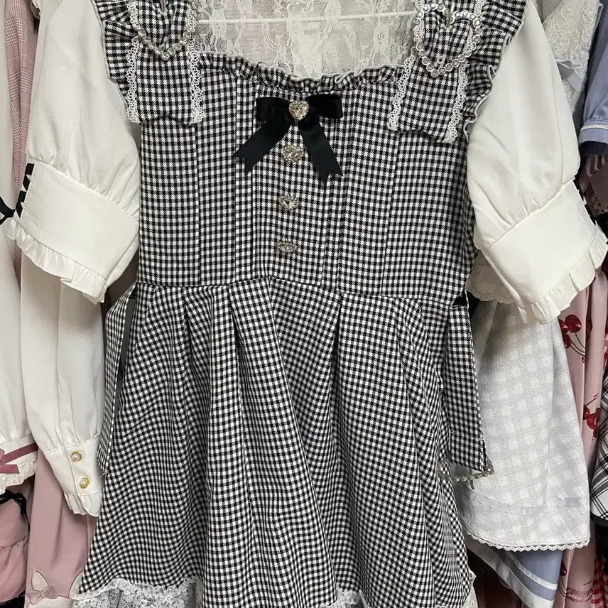 [BUNJANG] DearMyLove Checkered Suspender Mini Dress / 디어마이러브 체크 멜빵 반팔 원피스