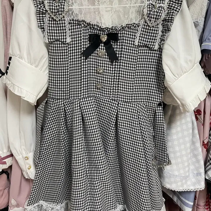 [BUNJANG] DearMyLove Checkered Suspender Mini Dress / 디어마이러브 체크 멜빵 반팔 원피스