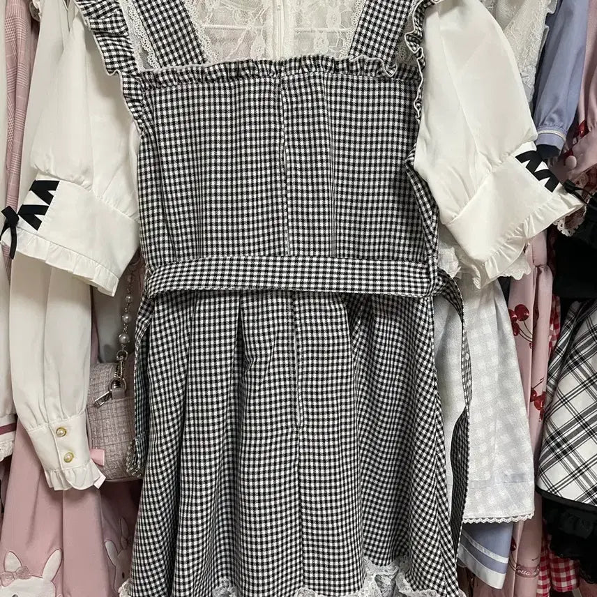 [BUNJANG] DearMyLove Checkered Suspender Mini Dress / 디어마이러브 체크 멜빵 반팔 원피스