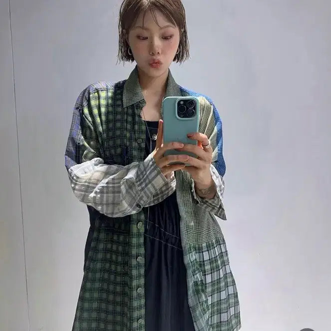 [BUNJANG] Open Y Y Mixed Check Shirt - Green / 오픈와이와이 MIXED CHECK SHIRT 그린