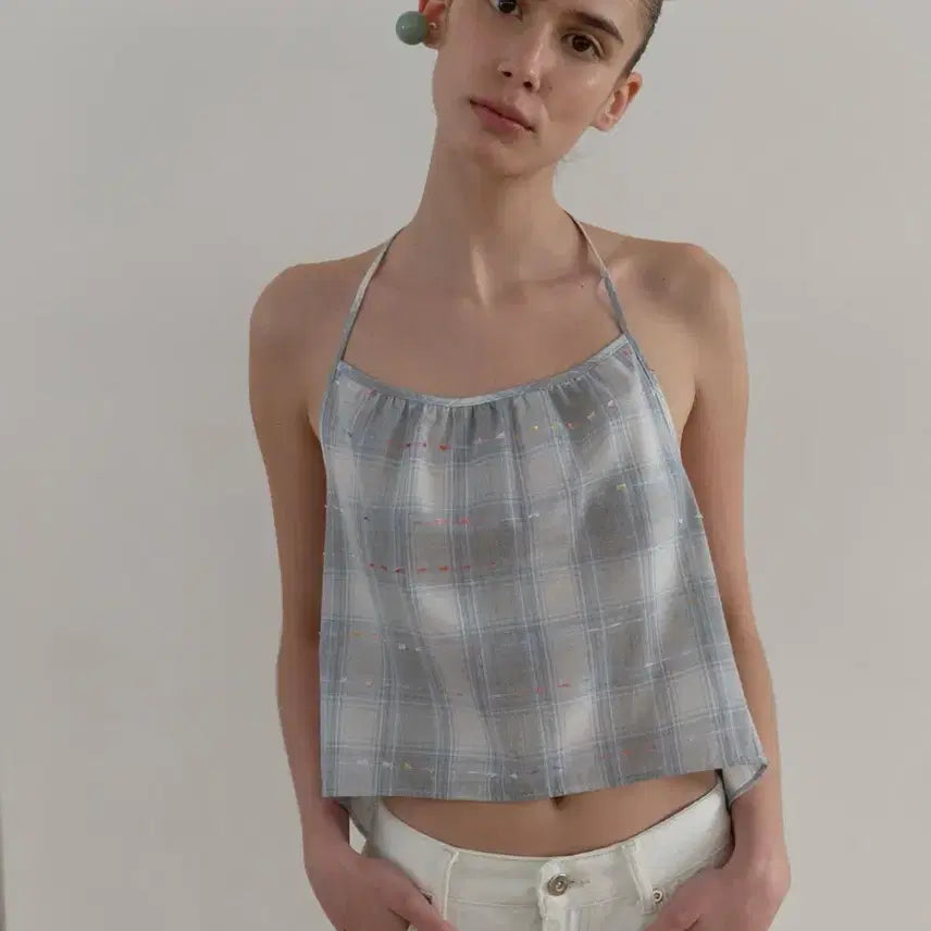[BUNJANG] Mazone Check Bustier Top / 마조네 체크 뷔스티에 블루 그레이
