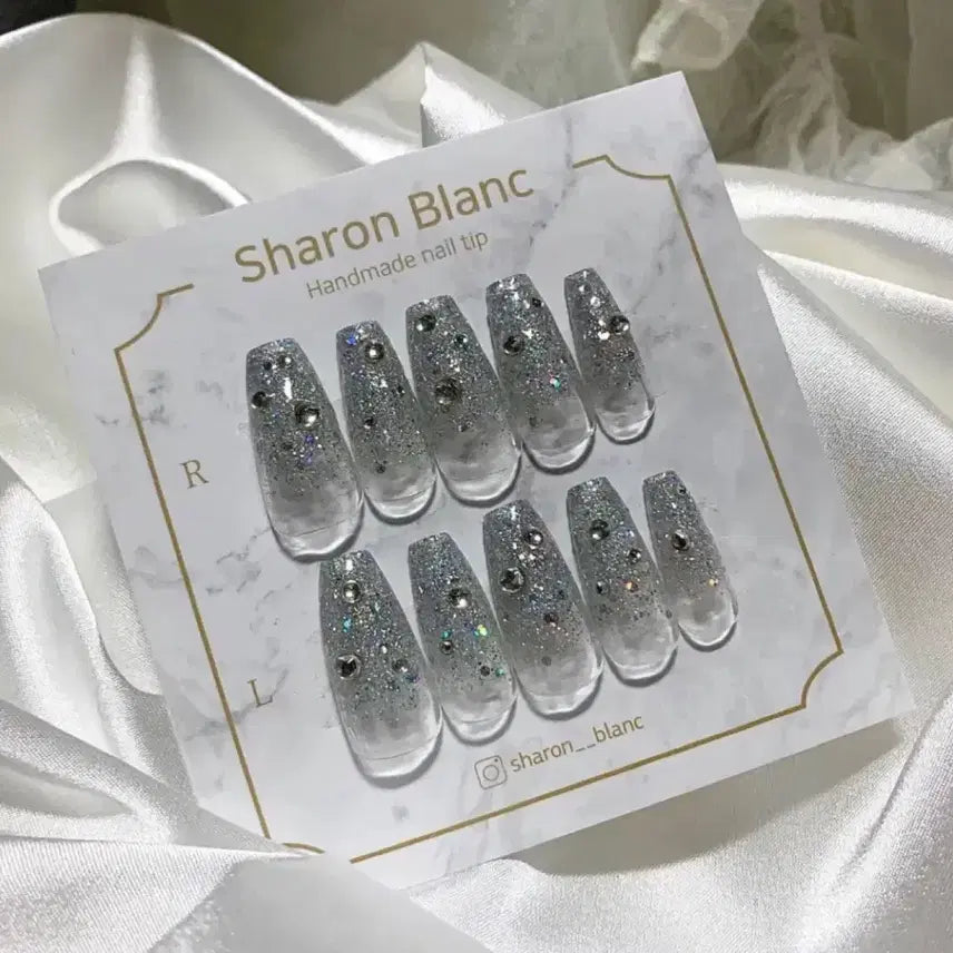 [BUNJANG] Sharon Blanc Stone Silver Opal Glitter Nail Tip Set / *할인가* 스톤 실버 오팔 글리터 네일팁 / 14종 쉐입