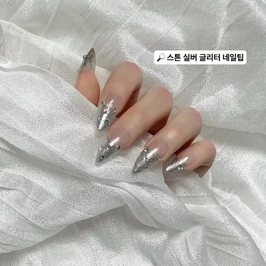[BUNJANG] Sharon Blanc Stone Silver Opal Glitter Nail Tip Set / *할인가* 스톤 실버 오팔 글리터 네일팁 / 14종 쉐입