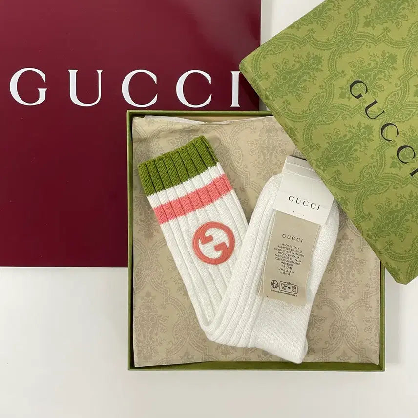 [BUNJANG] Gucci Socks Interlocking Logo White Olive Pink / 새상품 구찌 양말 인터로킹 자수 로고 삭스 화이트 올리브 핑크