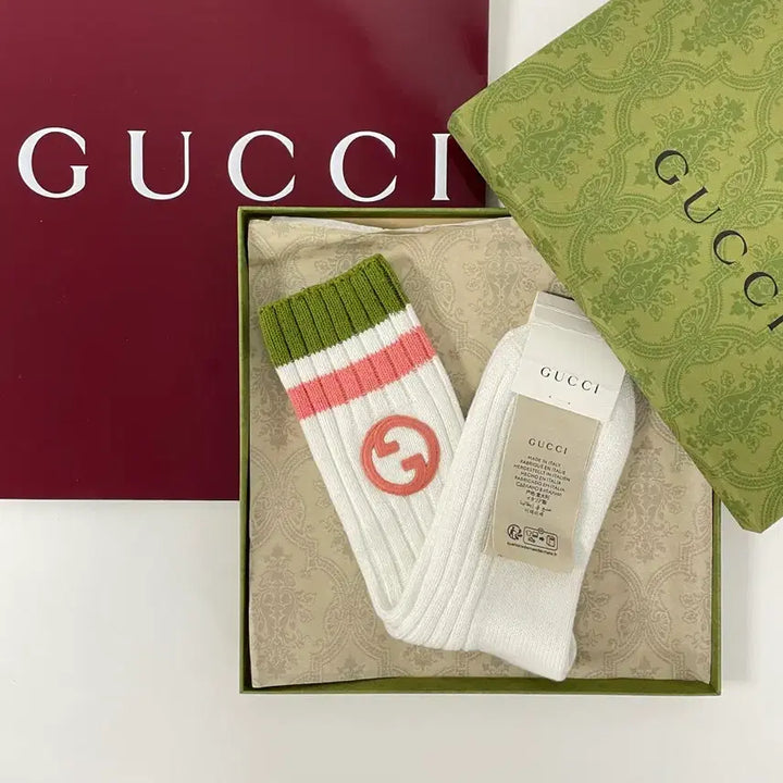 [BUNJANG] Gucci Socks Interlocking Logo White Olive Pink / 새상품 구찌 양말 인터로킹 자수 로고 삭스 화이트 올리브 핑크