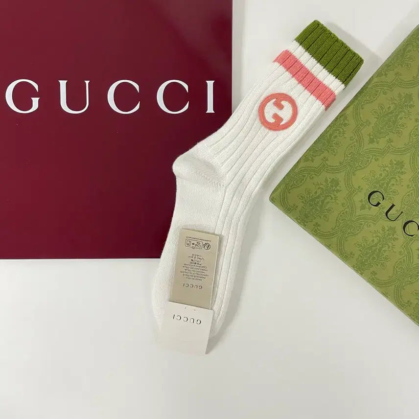 [BUNJANG] Gucci Socks Interlocking Logo White Olive Pink / 새상품 구찌 양말 인터로킹 자수 로고 삭스 화이트 올리브 핑크