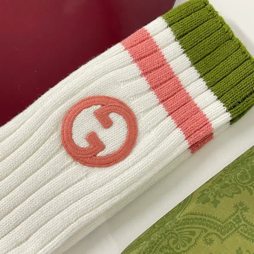 [BUNJANG] Gucci Socks Interlocking Logo White Olive Pink / 새상품 구찌 양말 인터로킹 자수 로고 삭스 화이트 올리브 핑크