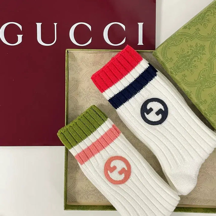 [BUNJANG] Gucci Socks Interlocking Logo White Olive Pink / 새상품 구찌 양말 인터로킹 자수 로고 삭스 화이트 올리브 핑크