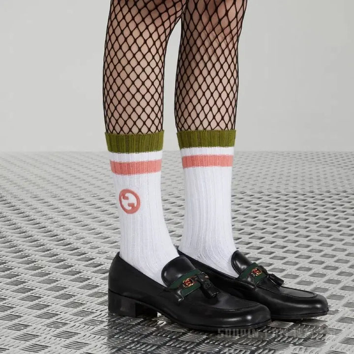 [BUNJANG] Gucci Socks Interlocking Logo White Olive Pink / 새상품 구찌 양말 인터로킹 자수 로고 삭스 화이트 올리브 핑크