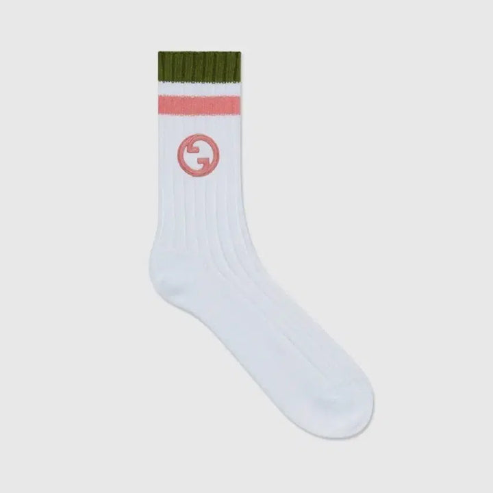 [BUNJANG] Gucci Socks Interlocking Logo White Olive Pink / 새상품 구찌 양말 인터로킹 자수 로고 삭스 화이트 올리브 핑크