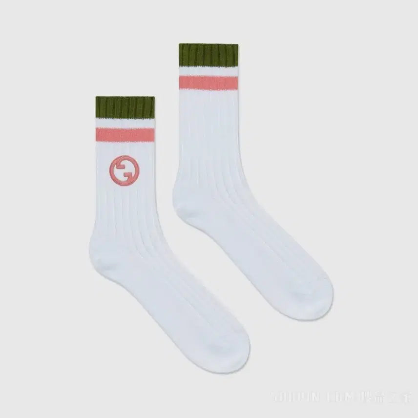 [BUNJANG] Gucci Socks Interlocking Logo White Olive Pink / 새상품 구찌 양말 인터로킹 자수 로고 삭스 화이트 올리브 핑크