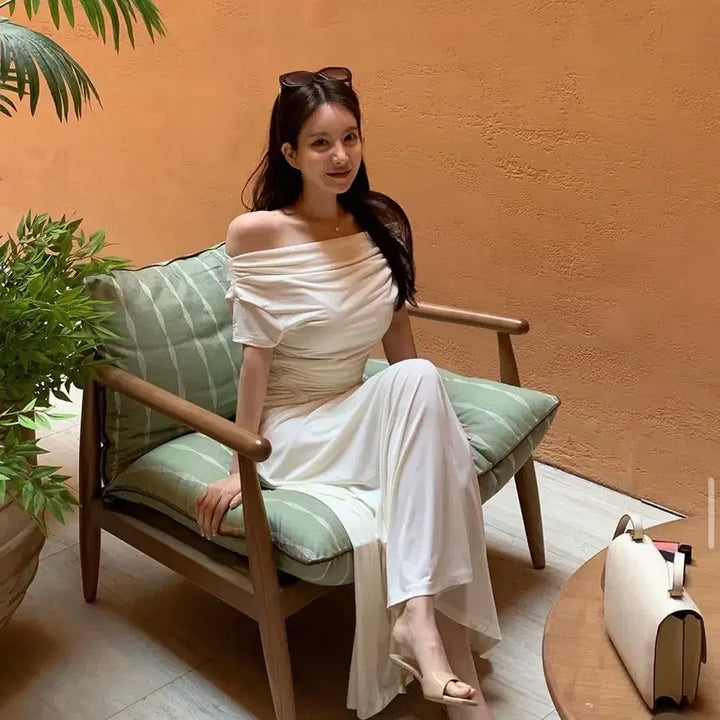 [BUNJANG] Deomanong Moe Off-Shoulder Shirred Long Dress / 더마농 모에 오프숄더 셔링 롱 원피스