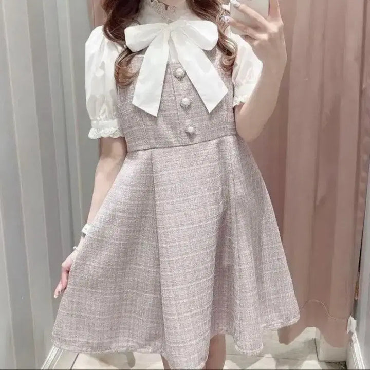 [BUNJANG] Evelyn Pink Tweed Glitter Pearl Dress / evelyn 에블린)양산형 스나계st 핑크 트위드 글리터 진주 원피스op
