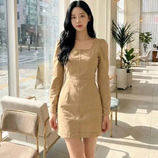 [BUNJANG] Beige Square Neck Mini Dress / 베이지 원피스