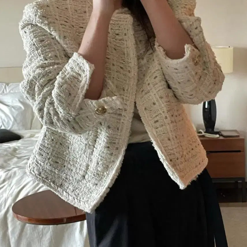 [BUNJANG] BRONZE Tweed No Collar Jacket / 브론즈 울 트위드 노카라 자켓 라운드 출근룩 올드머니룩 BRONZE