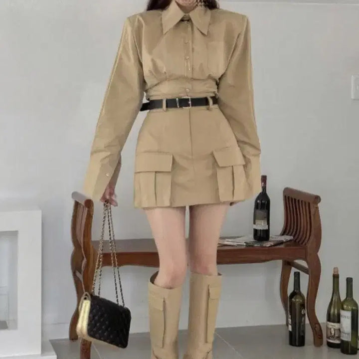 [BUNJANG] Cotton Beige Set (Shirt + Skirt) / 코튼베이지세트(셔츠(프리)+스커트S)