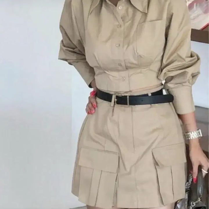 [BUNJANG] Cotton Beige Set (Shirt + Skirt) / 코튼베이지세트(셔츠(프리)+스커트S)