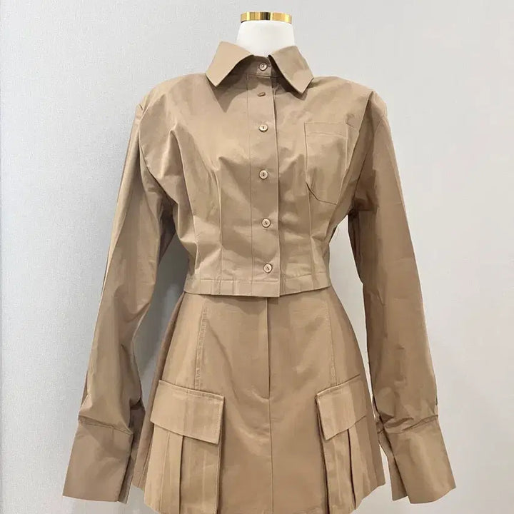 [BUNJANG] Cotton Beige Set (Shirt + Skirt) / 코튼베이지세트(셔츠(프리)+스커트S)