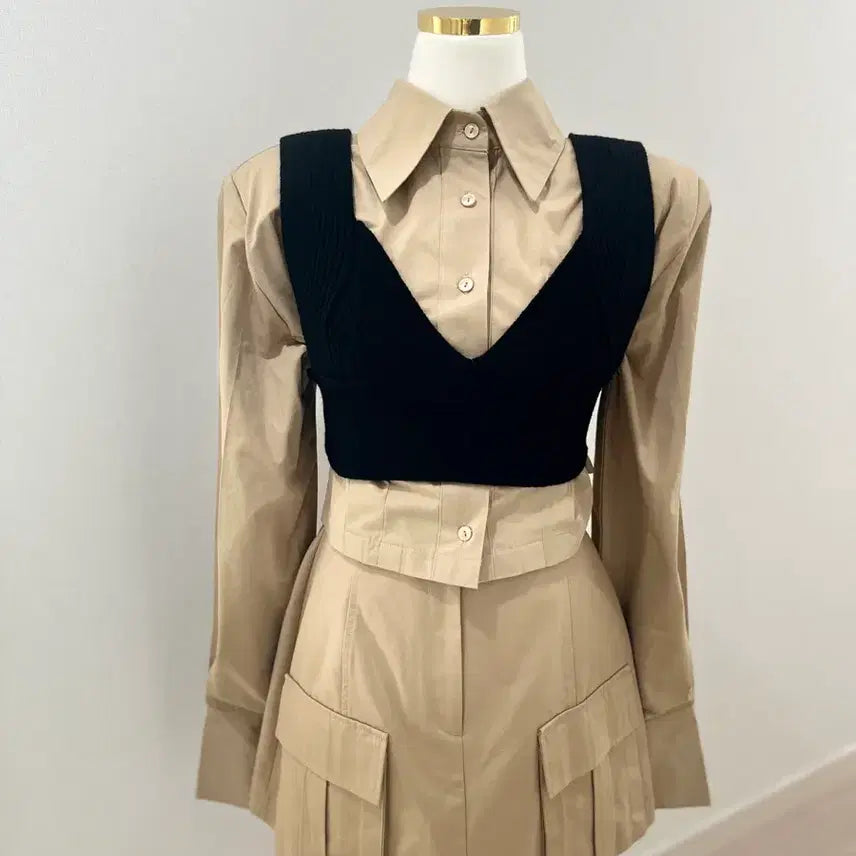 [BUNJANG] Cotton Beige Set (Shirt + Skirt) / 코튼베이지세트(셔츠(프리)+스커트S)