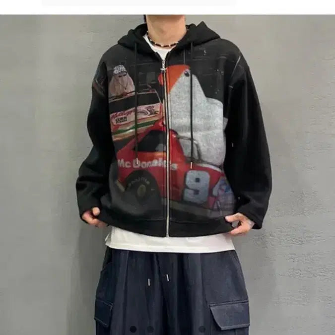 [BUNJANG] Unisex Loose Fit Printed Fleece Hoodie / (남녀공용) 루즈핏 프린트 기모 후드집업