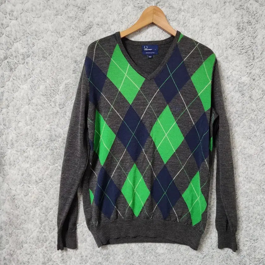 [BUNJANG] Fred Perry Argyle Merino Wool V-Neck Knit Sweater / J279 [L] 프레드페리 아가일 메리노울 브이넥 니트