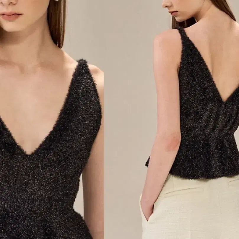 [BUNJANG] OBZEE Glitter Fluffy Peplum Knit Top / 한섬 오브제 OBZEE 글리터 플러피 페플럼 니트탑 블랙 뷔스티에 나시