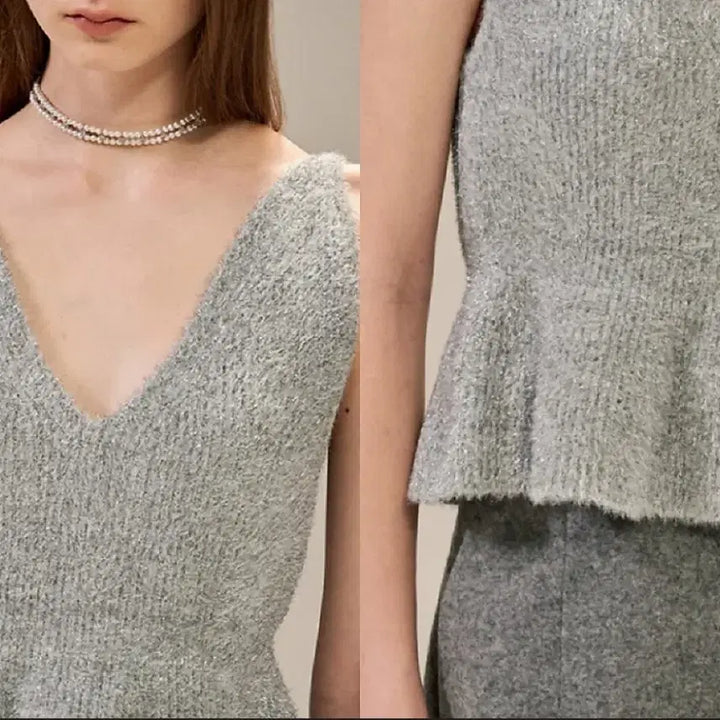 [BUNJANG] OBZEE Glitter Fluffy Peplum Knit Top / 한섬 오브제 OBZEE 글리터 플러피 페플럼 니트탑 블랙 뷔스티에 나시