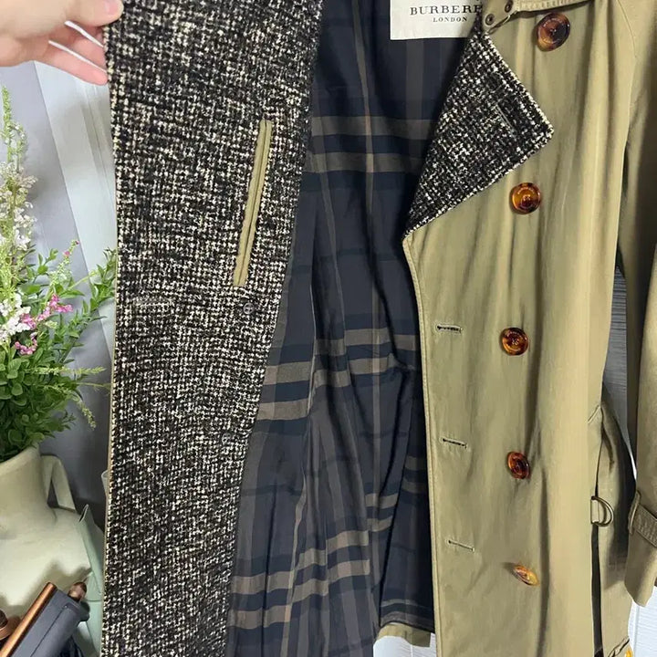 [BUNJANG] Burberry Tweed Lapel Trench Coat - Khaki / 정품 버버리 트위드 라펠 트렌치 남성 코트 카키