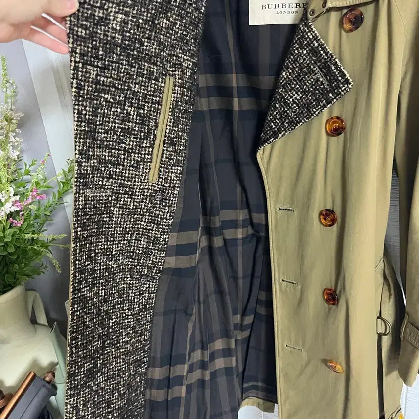 [BUNJANG] Burberry Tweed Lapel Trench Coat - Khaki / 정품 버버리 트위드 라펠 트렌치 남성 코트 카키
