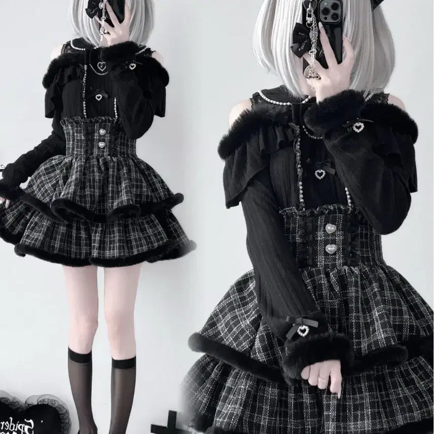 [BUNJANG] Layered Frill Shirt and Skirt Set / 지뢰계 플러프 프릴 레이어드 셔츠+치마 세트(2컬러)