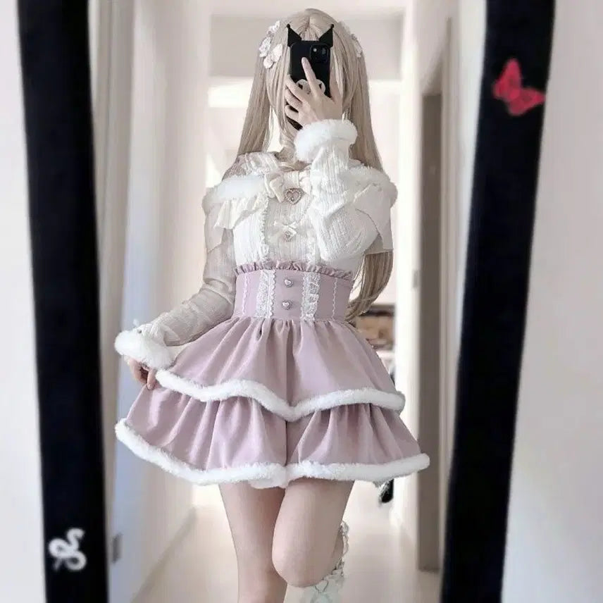 [BUNJANG] Layered Frill Shirt and Skirt Set / 지뢰계 플러프 프릴 레이어드 셔츠+치마 세트(2컬러)