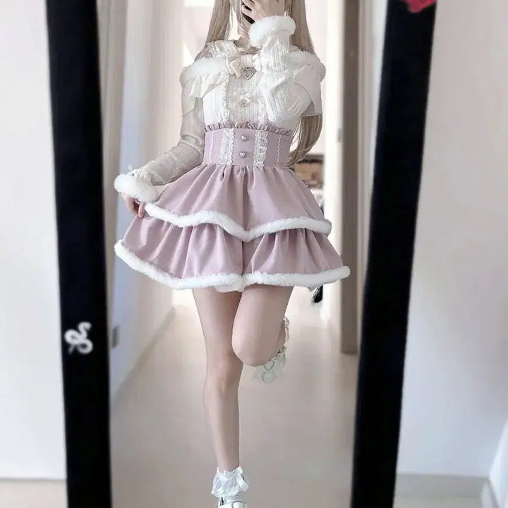 [BUNJANG] Layered Frill Shirt and Skirt Set / 지뢰계 플러프 프릴 레이어드 셔츠+치마 세트(2컬러)