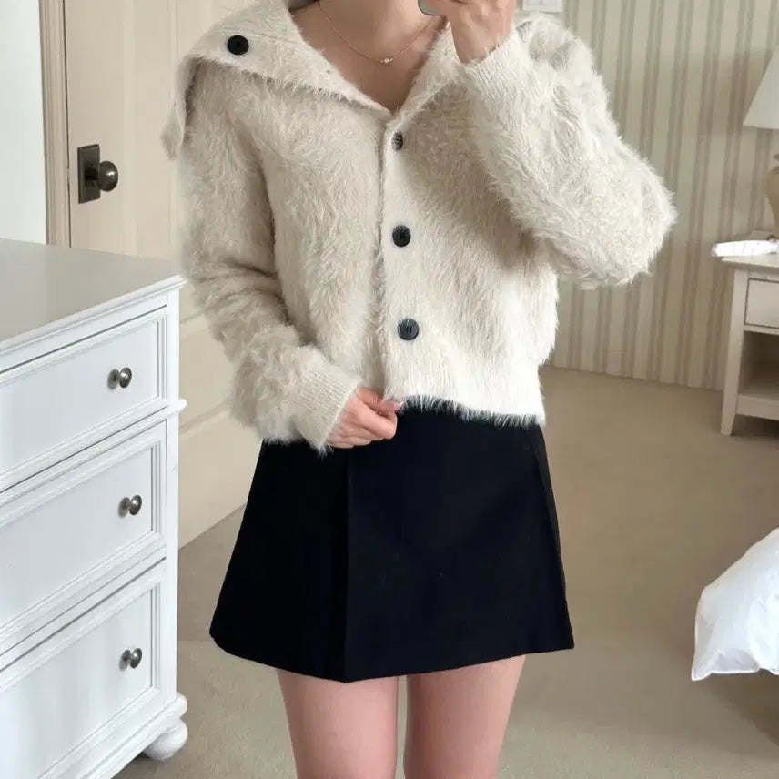 [BUNJANG] Sailor Collar Fur Knit Cardigan / 세일러카라 퍼 니트 가디건