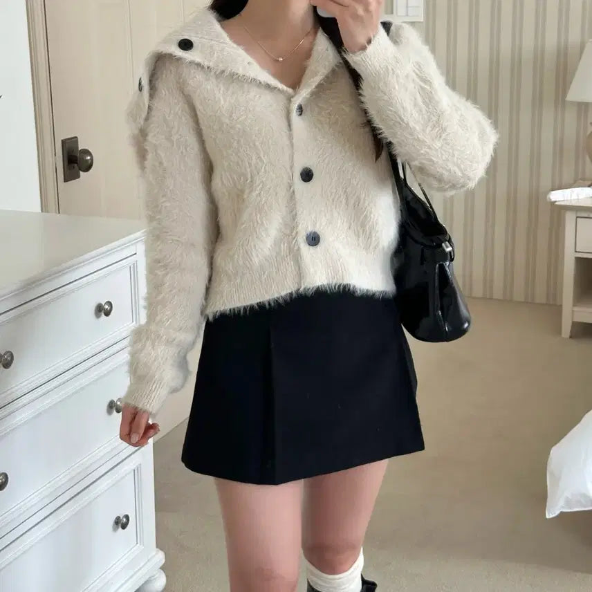 [BUNJANG] Sailor Collar Fur Knit Cardigan / 세일러카라 퍼 니트 가디건