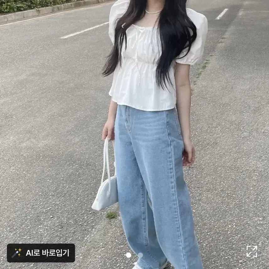 [BUNJANG] Ablie Ribbon Puff Sleeve Shirred Frill Square Neck Blouse / 에이블리 리본 퍼프 소매 셔링 프릴 스퀘어넥 블라우스 교신 가능