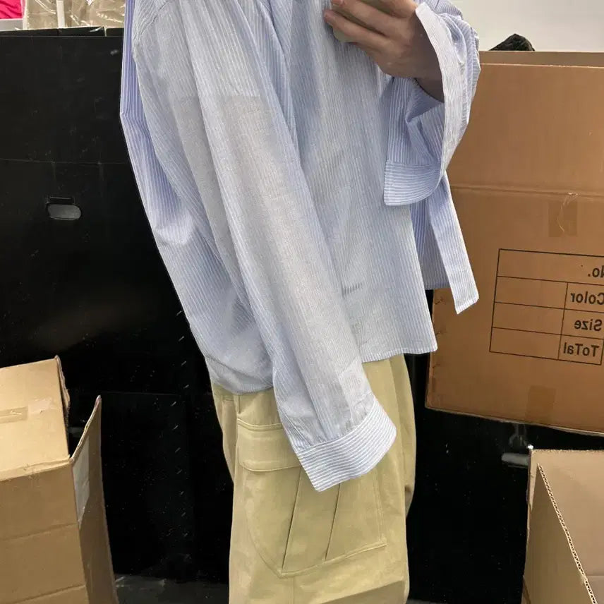 [BUNJANG] Nonno Flexible String Shirt - Sky Blue Stripe / [1] 논노드 플렉시블 스트링 셔츠 - 스카이 블루 스트라이프