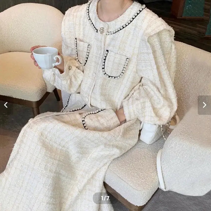 [BUNJANG] Flica Pearl Tweed Long Dress / 플리카 진주 트위드 롱원피스