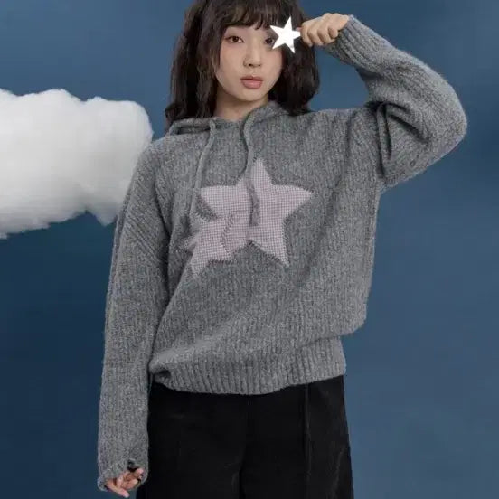 [BUNJANG] YK Big Star Applique Hoodie Knit Gray / 와이케이 빅스타 체크 아플리케 후드 니트 그레이