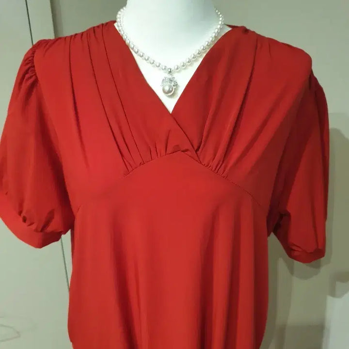 [BUNJANG] Red Puff Sleeve Long Dress / 레드 퍼프 반팔 원피스